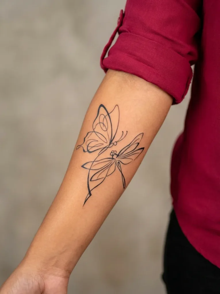 Butterfly and Dragonfly with Abstract Line Art