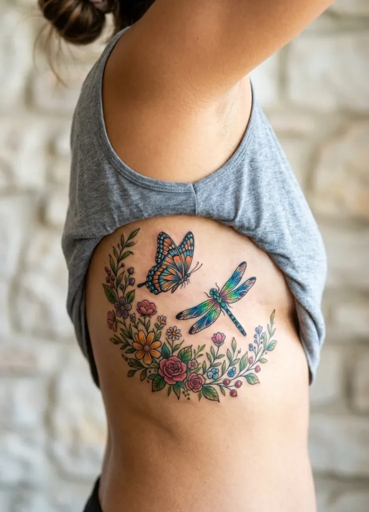 Butterfly and Dragonfly with Floral Background