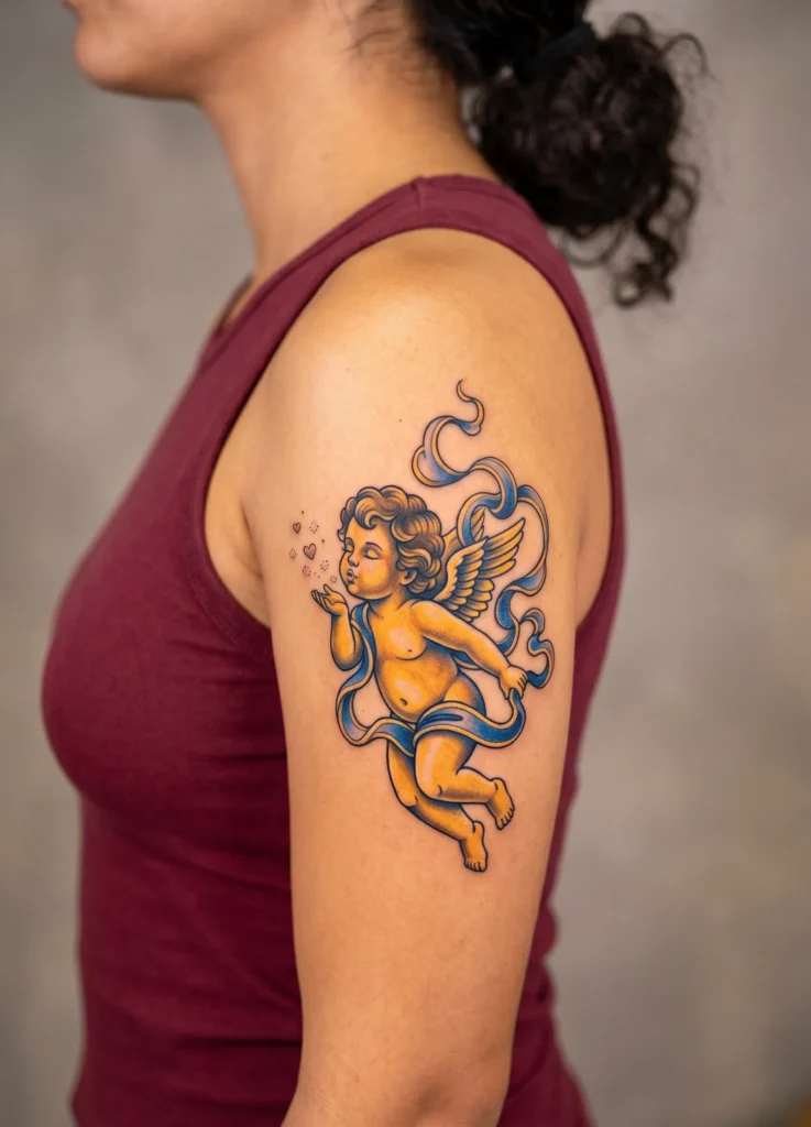 Cherub Blowing a Kiss with Flowing Ribbon
