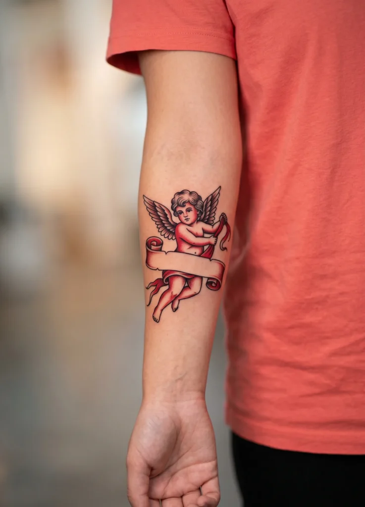 Cherub Holding Long Ribbon Banner