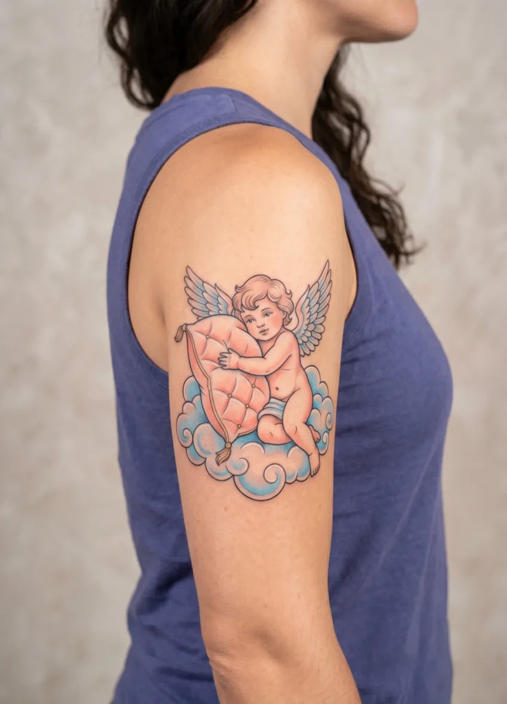 Cherub Hugging a Soft Pillow on Cloud