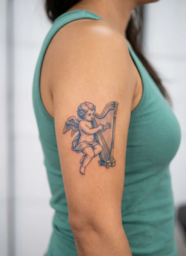 Cherub Playing a Harp with Detail Lines