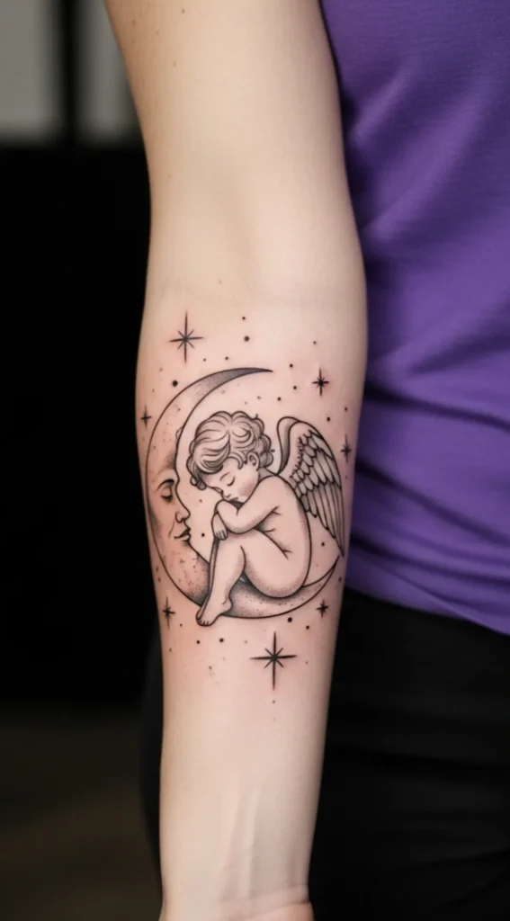Cherub Sitting on Crescent Moon