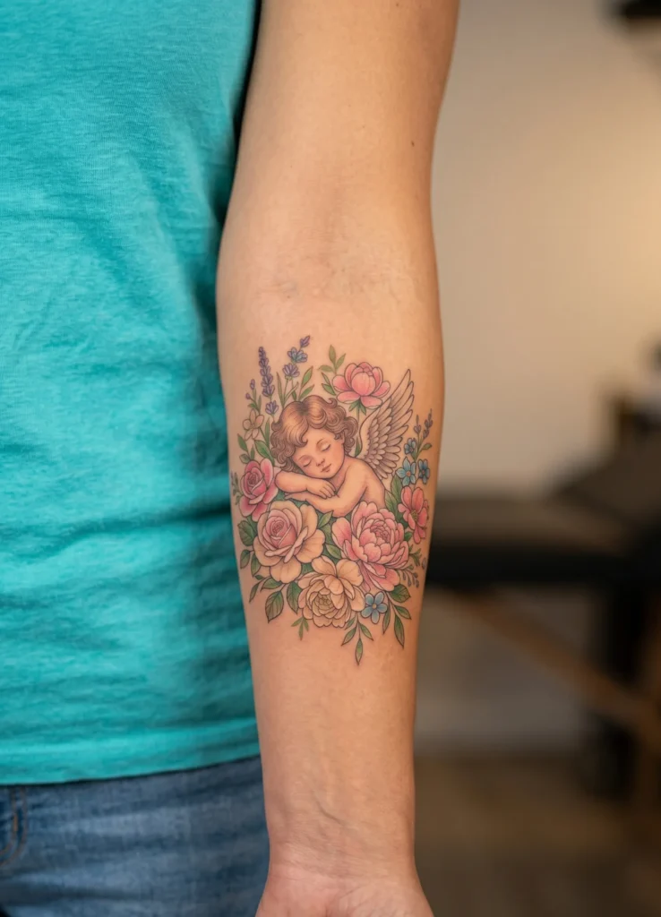 Cherub Surrounded by Blooming Flowers