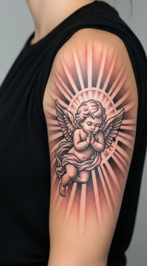 Cherub Surrounded by Soft Light Rays