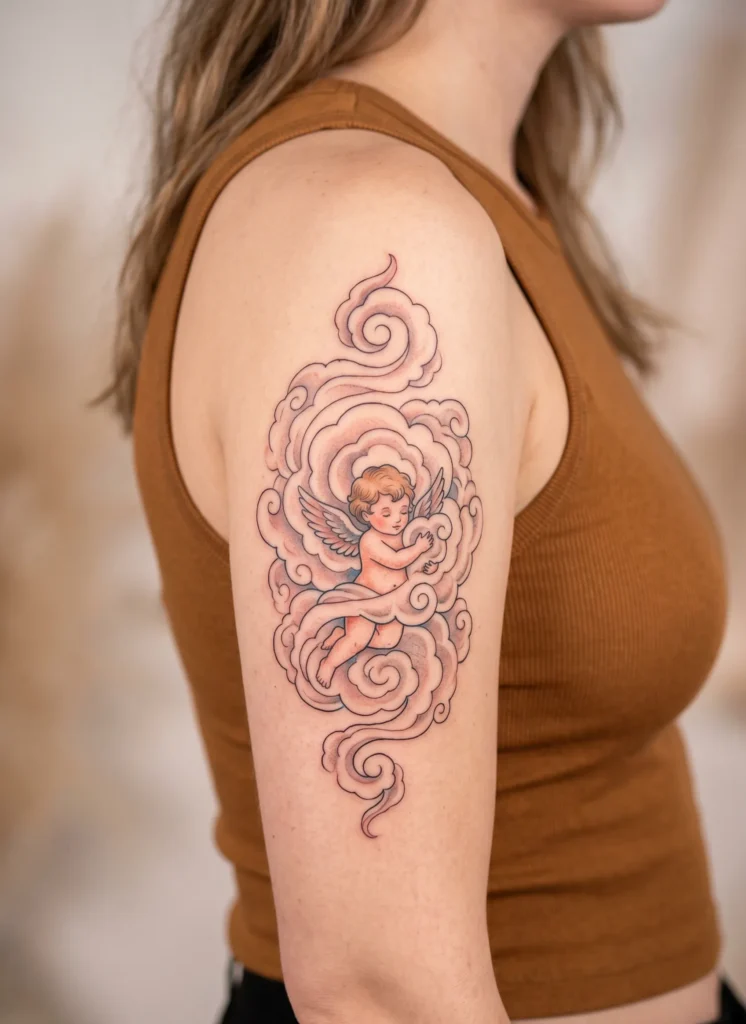 Cute Cherub Floating in Cloud Swirl