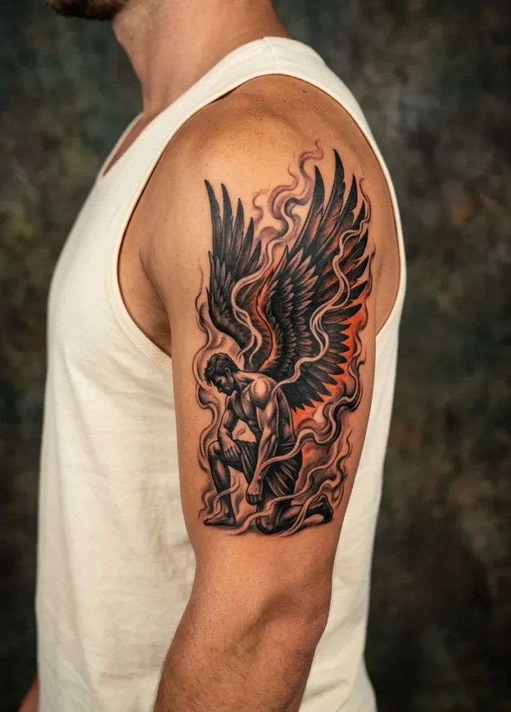 Dark Angel Kneeling in Smoke