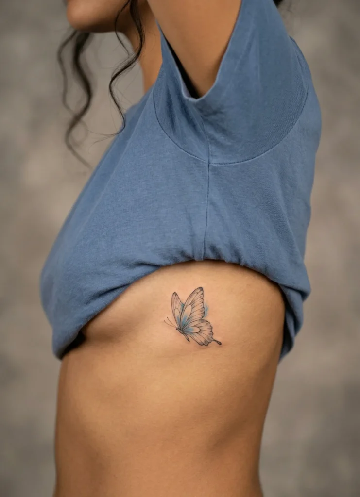 Delicate Butterfly Hidden Tattoo on Side Rib