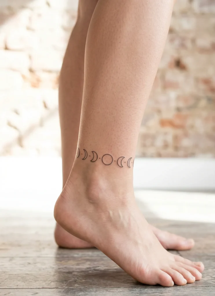 Delicate Fine Line Moon Phase on Ankle