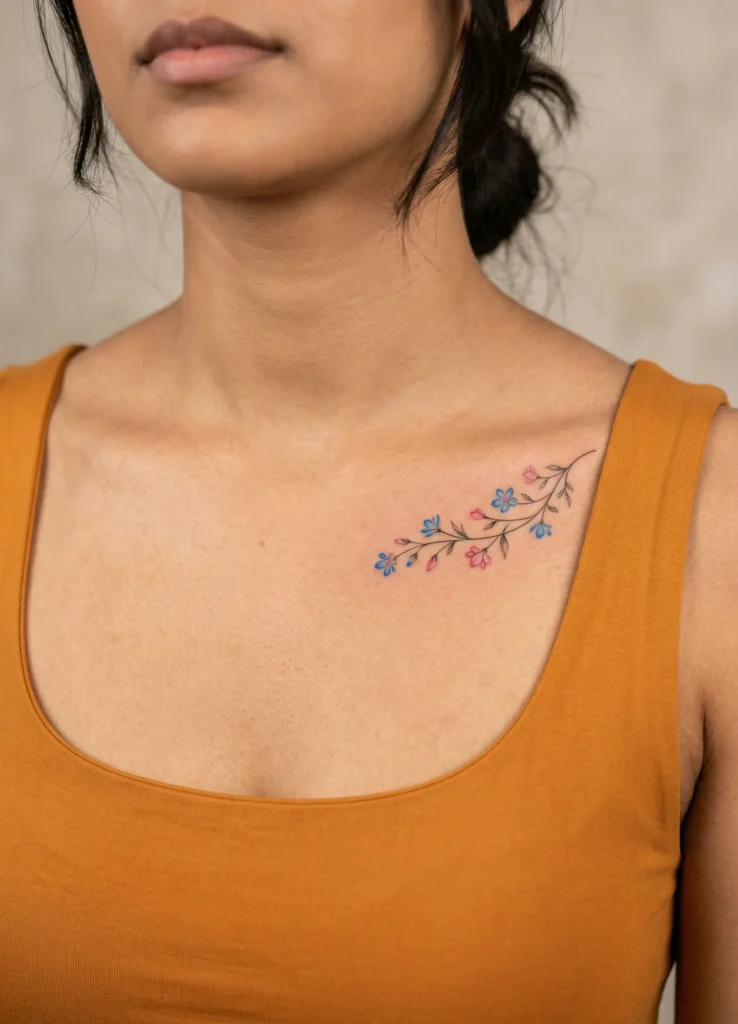 Delicate Floral Under Collarbone Tattoo