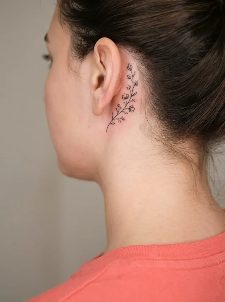 Delicate Floral Vine Behind Ear Tattoo
