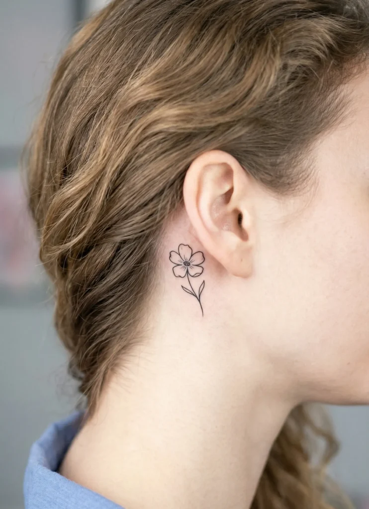 Delicate Flower Behind Ear Tattoo