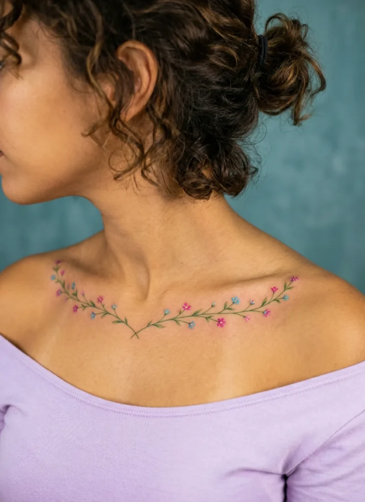 Delicate Flower Vine Along Collarbone