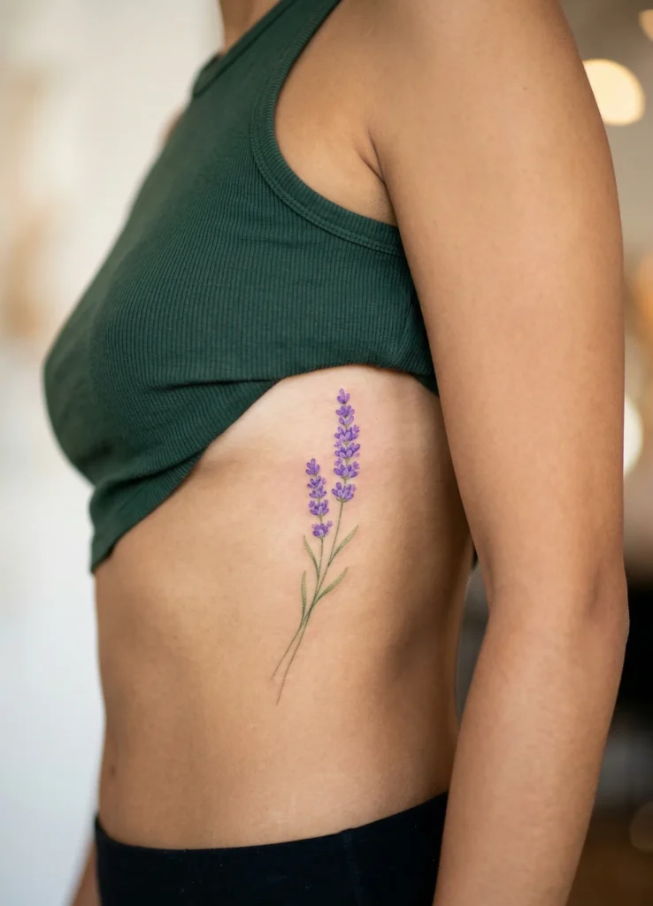 Delicate Lavender Hidden Tattoo on Rib