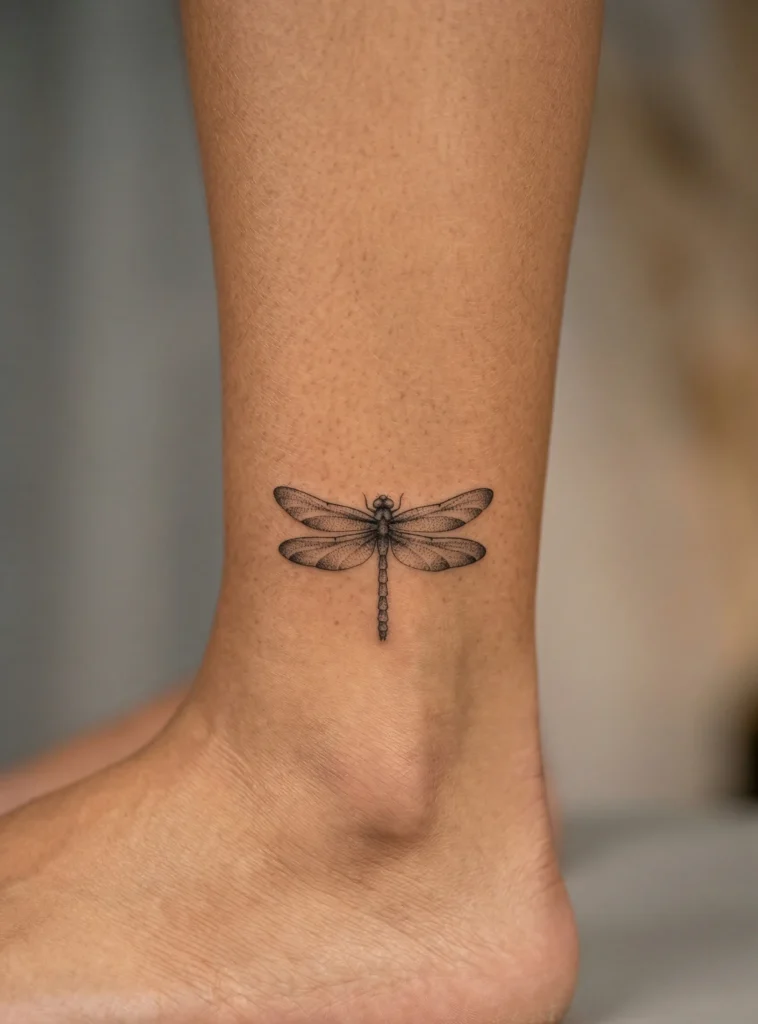 Dragonfly Ankle Tattoo with Dotwork Detail