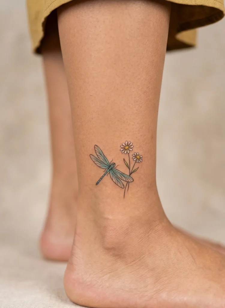 Dragonfly Ankle Tattoo with Floral Accent