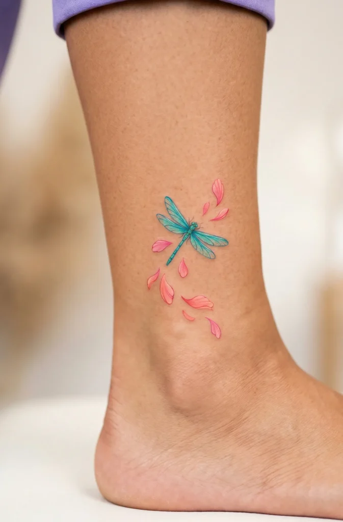 Dragonfly Ankle Tattoo with Flowing Petal Detail