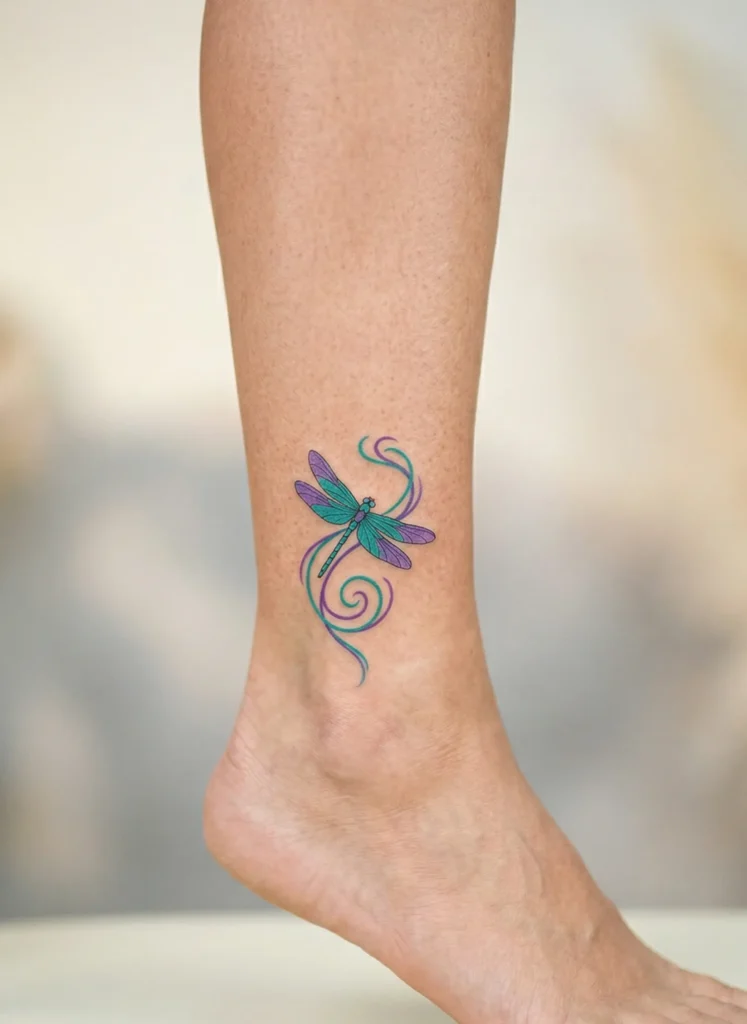 Dragonfly Ankle Tattoo with Spiral Flow
