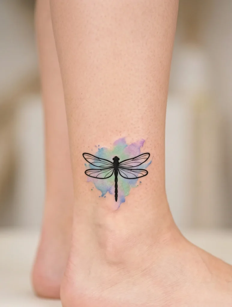 Dragonfly Ankle Tattoo with Watercolor Splash