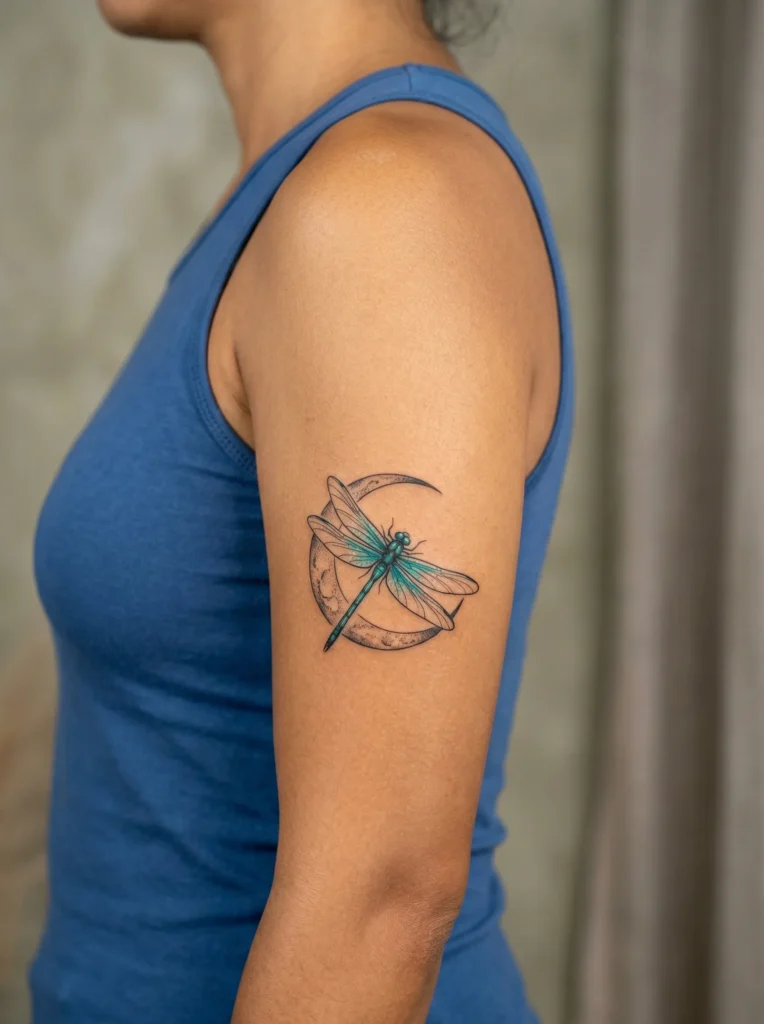 Dragonfly Flying Across Crescent Moon