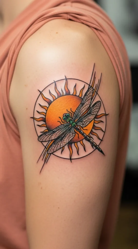 Dragonfly Flying Across Sun Circle