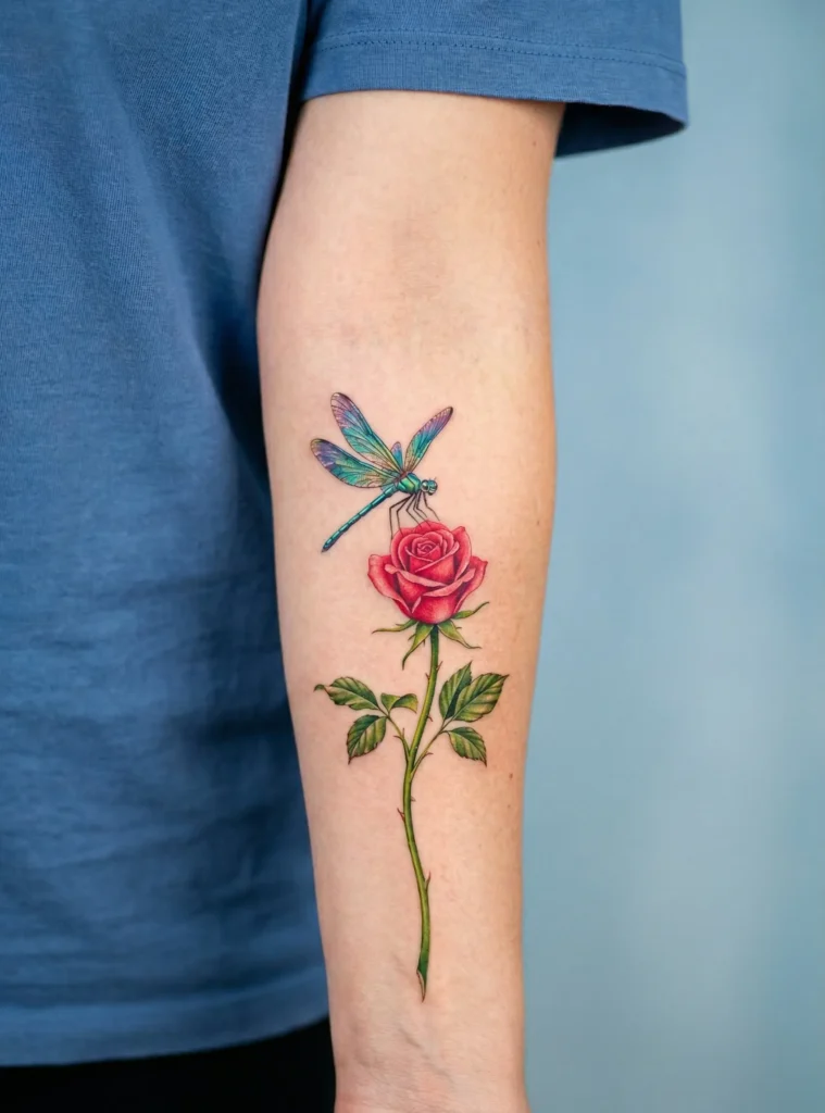 Dragonfly Flying Over Rose Stem