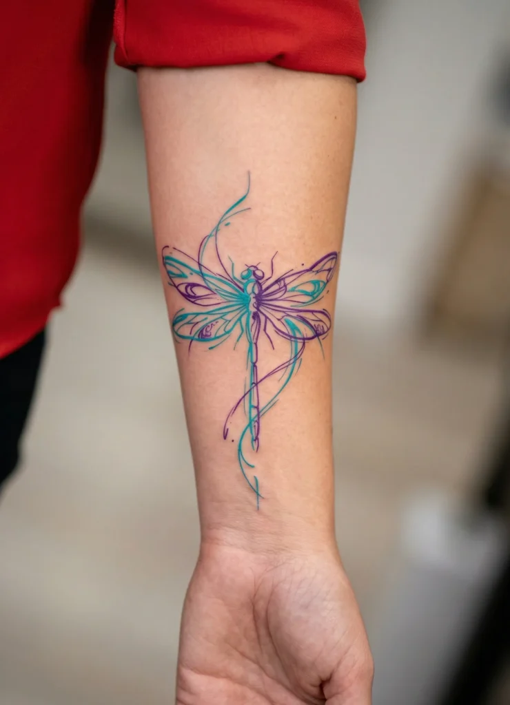 Dragonfly Forearm Tattoo with Abstract Line Art