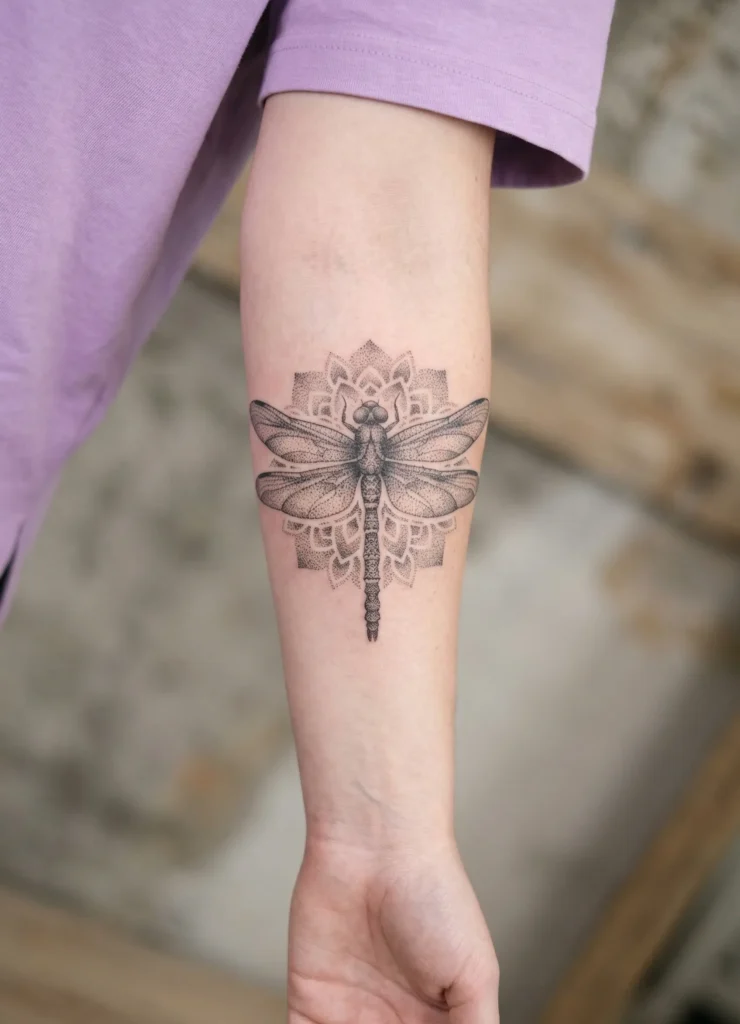 Dragonfly Forearm Tattoo with Dotwork Shading