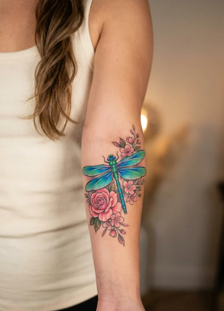 Dragonfly Forearm Tattoo with Floral Accent