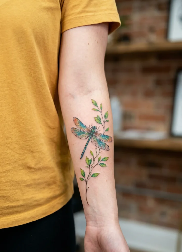 Dragonfly Forearm Tattoo with Leafy Branch Accent