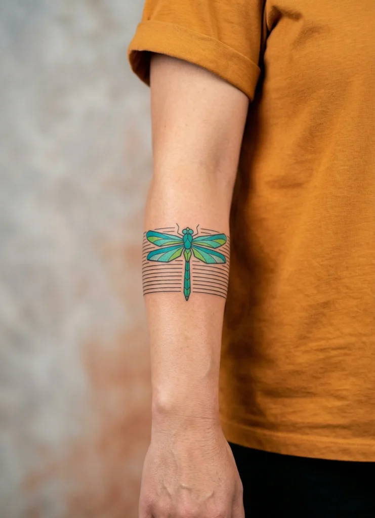 Dragonfly Forearm Tattoo with Linear Band Style