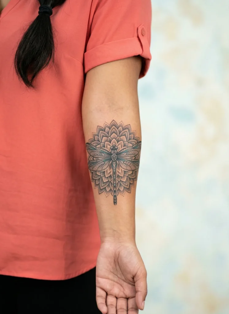 Dragonfly Forearm Tattoo with Mandala Elements