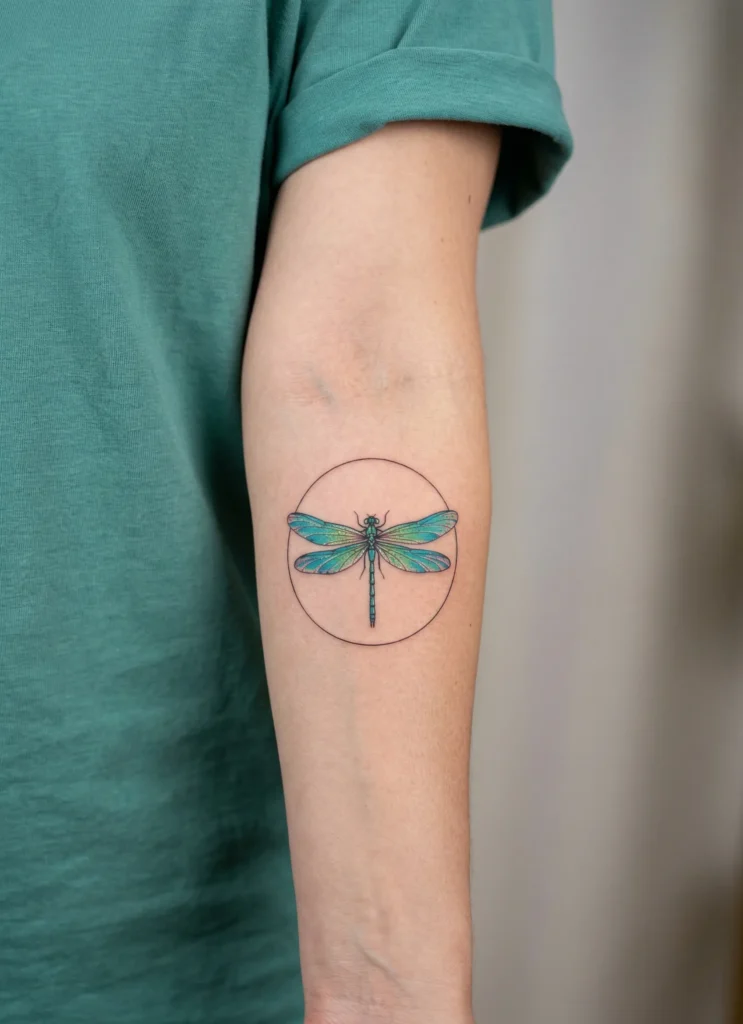 Dragonfly Forearm Tattoo with Minimal Circle Frame