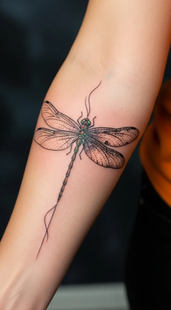 Dragonfly Forearm Tattoo with Modern Split Design
