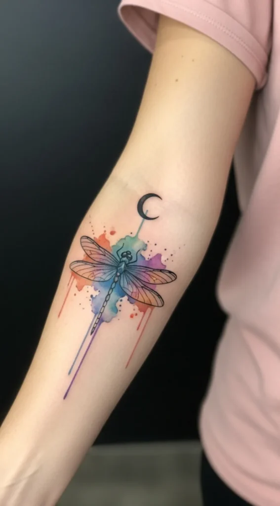 Dragonfly Forearm Tattoo with Moon Accent