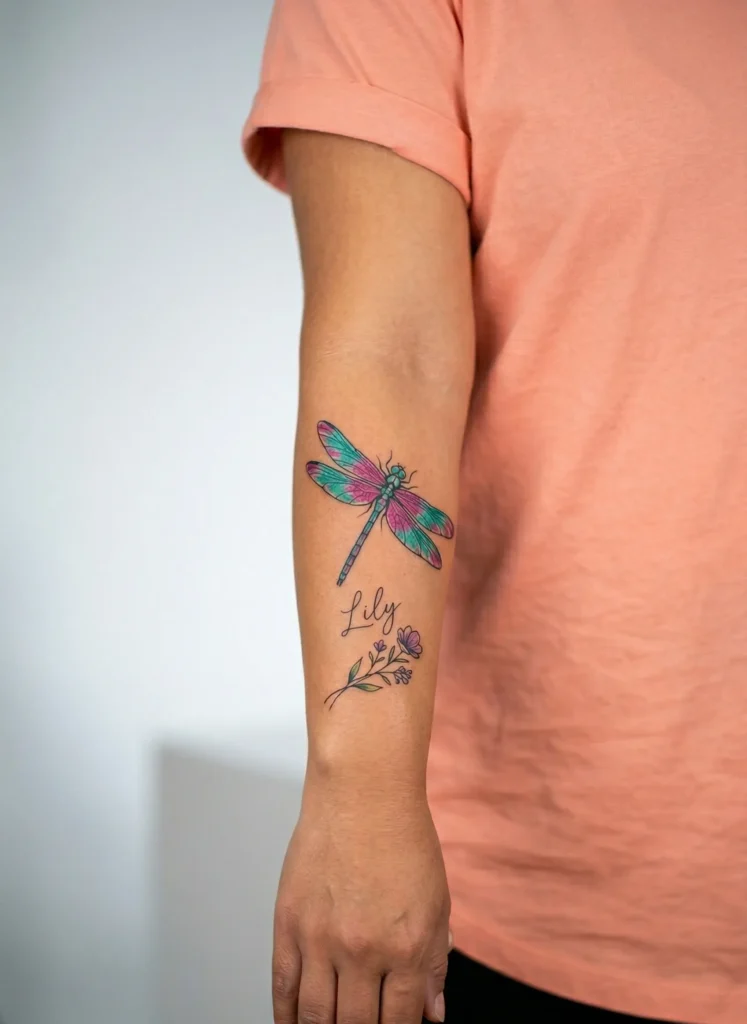Dragonfly Forearm Tattoo with Name Script