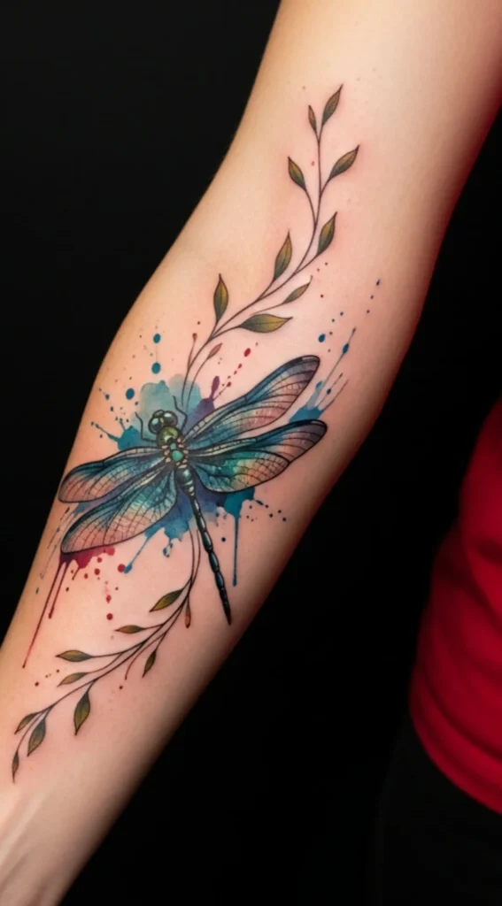 Dragonfly Forearm Tattoo with Vine Wrap Design