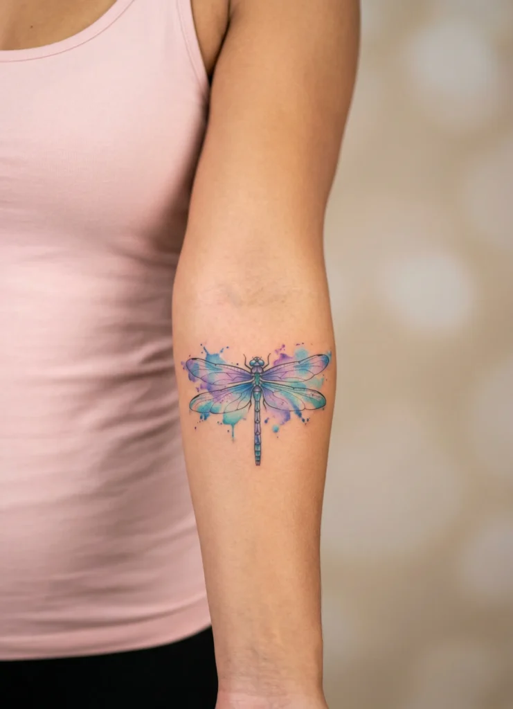  Dragonfly Forearm Tattoo with Watercolor Touch