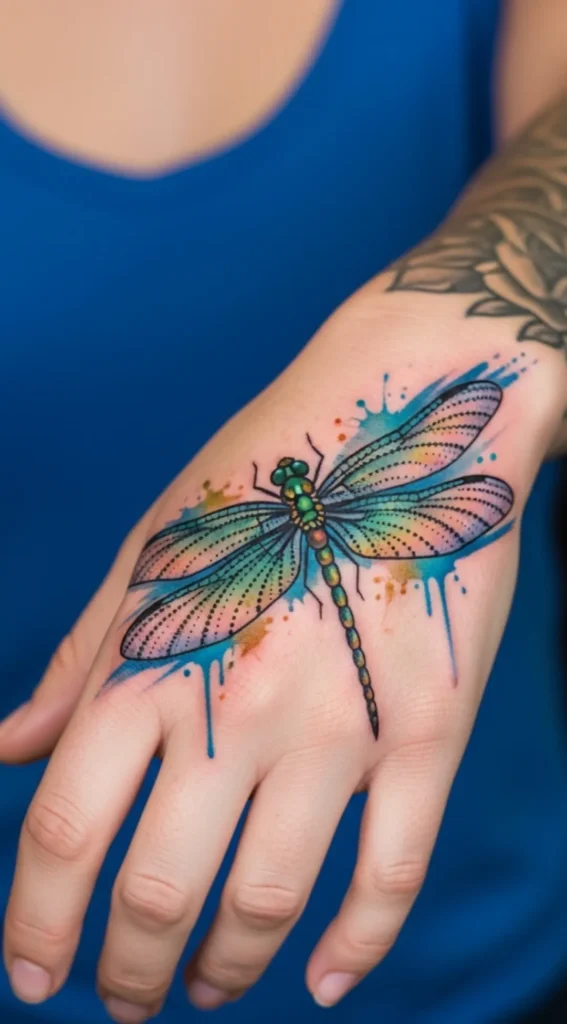 Dragonfly Hand Tattoo with Dotwork Wings