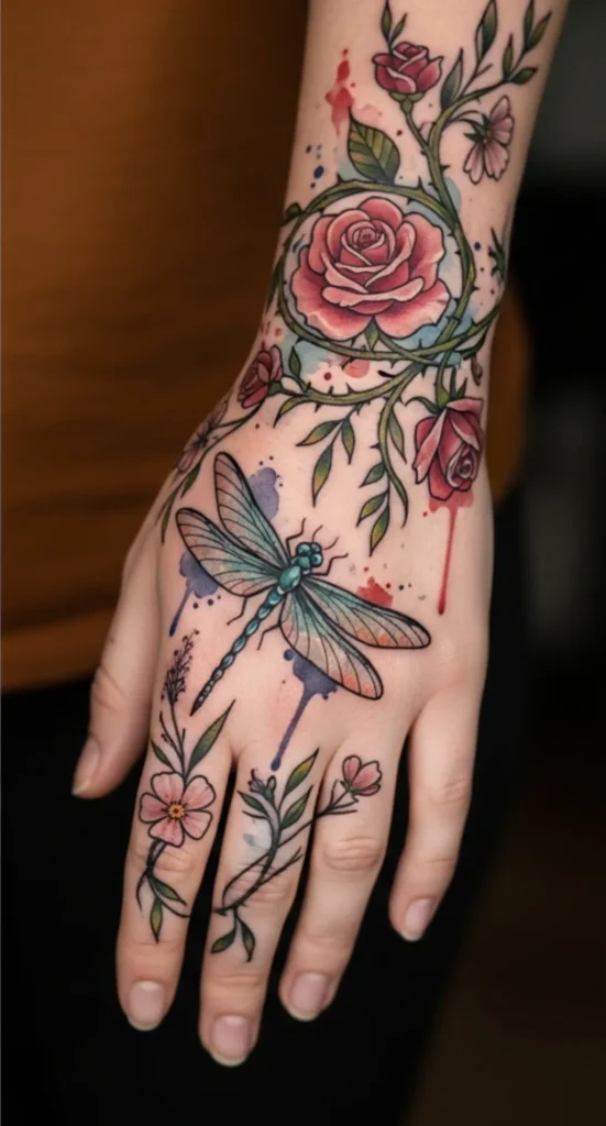 Dragonfly Hand Tattoo with Floral Vine Accent