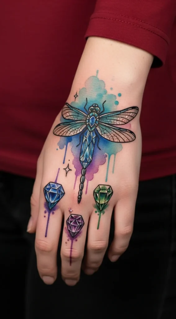 Dragonfly Hand Tattoo with Gemstone Body Design