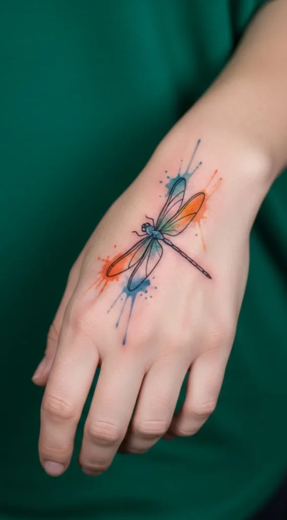 Dragonfly Hand Tattoo with Minimal Line Art Style