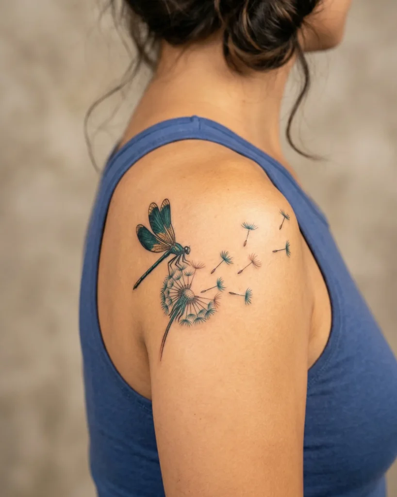 Dragonfly Releasing Dandelion Seeds Tattoo