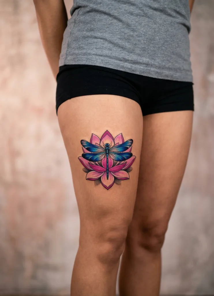 Dragonfly Resting on Blooming Lotus