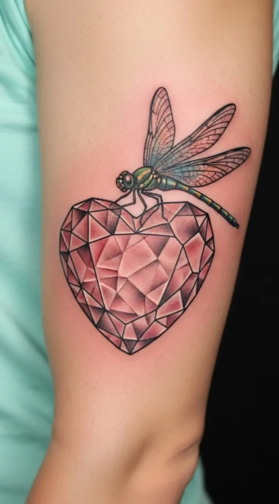 Dragonfly Resting on Crystal Heart Design