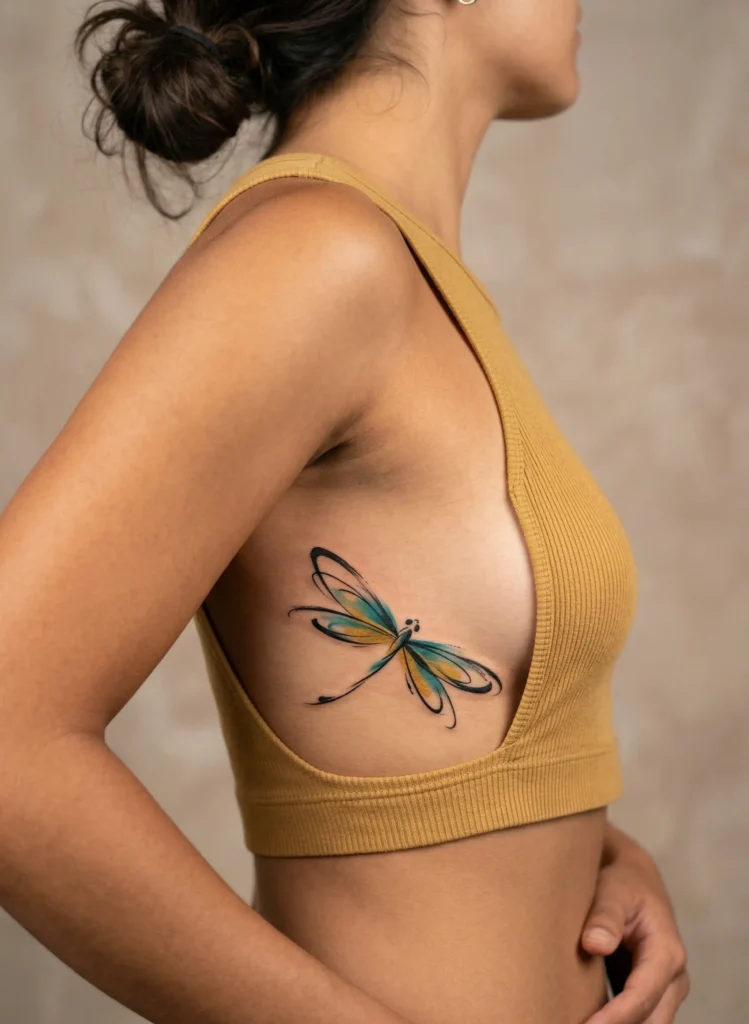 Dragonfly Rib Tattoo with Calligraphy Inspired Wing 