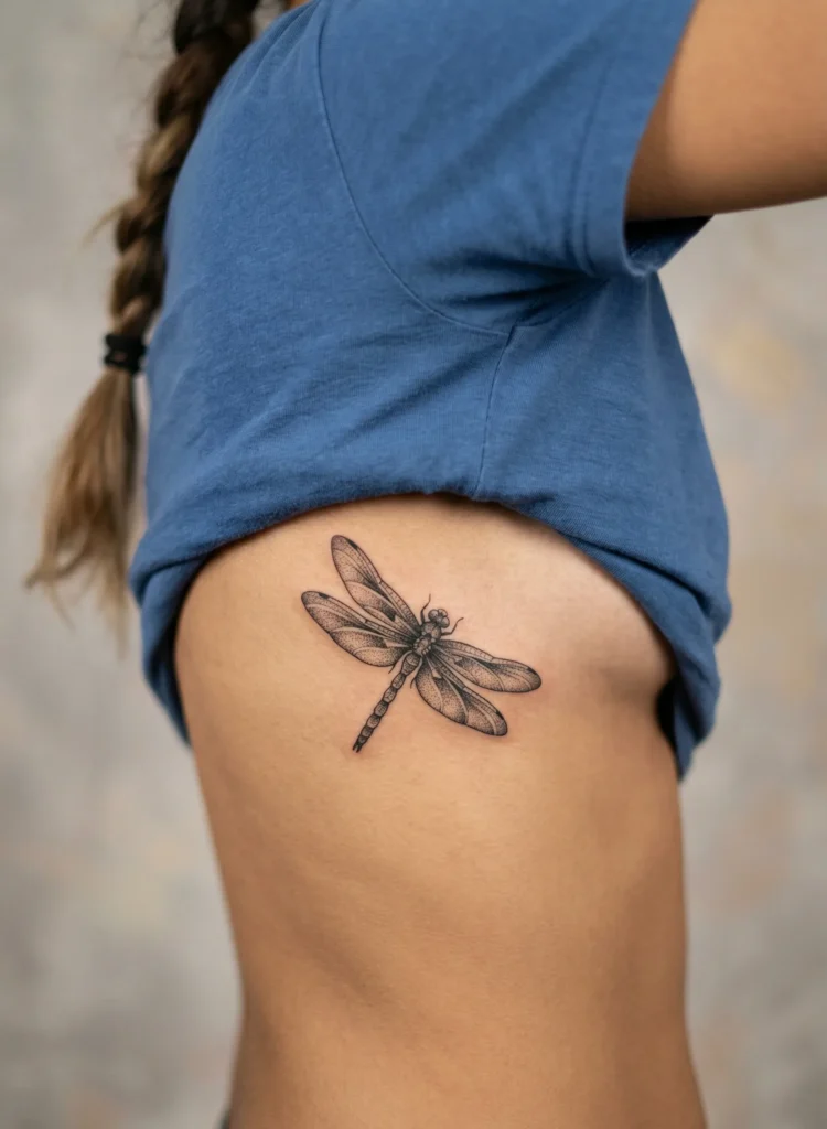 Dragonfly Rib Tattoo with Dotwork Accent