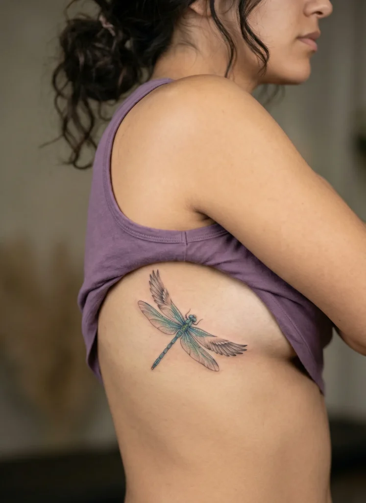 Dragonfly Rib Tattoo with Feathered Wing Tips