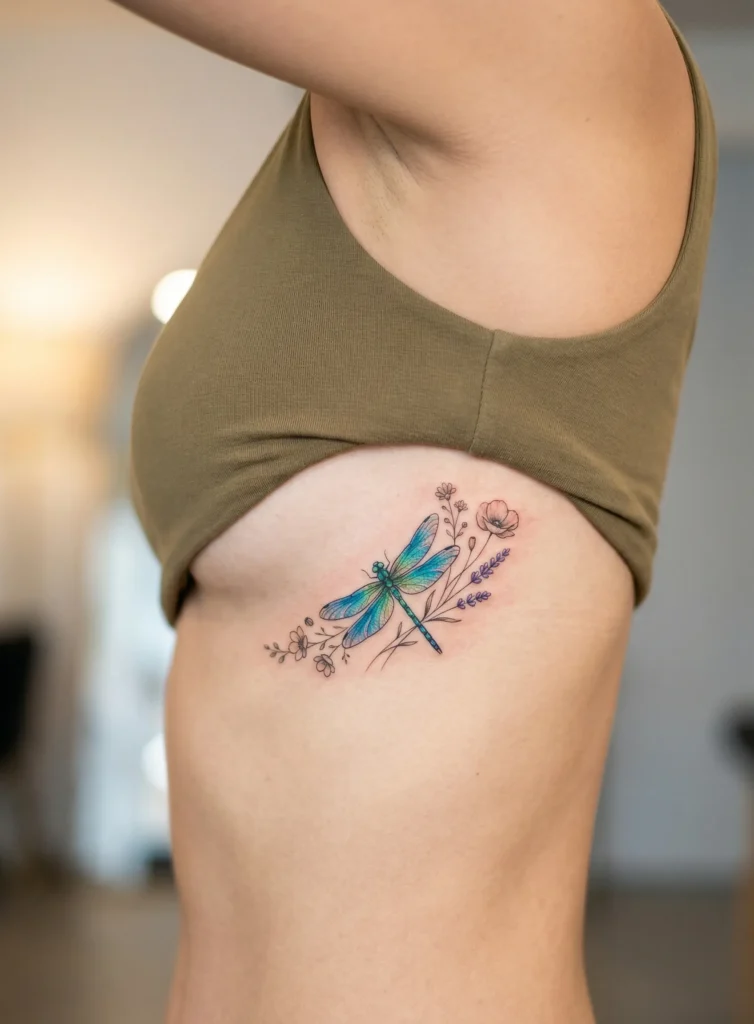 Dragonfly Rib Tattoo with Floral Accent