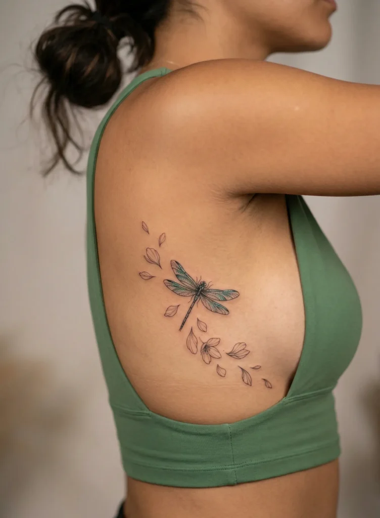 Dragonfly Rib Tattoo with Floral Petal Flow
